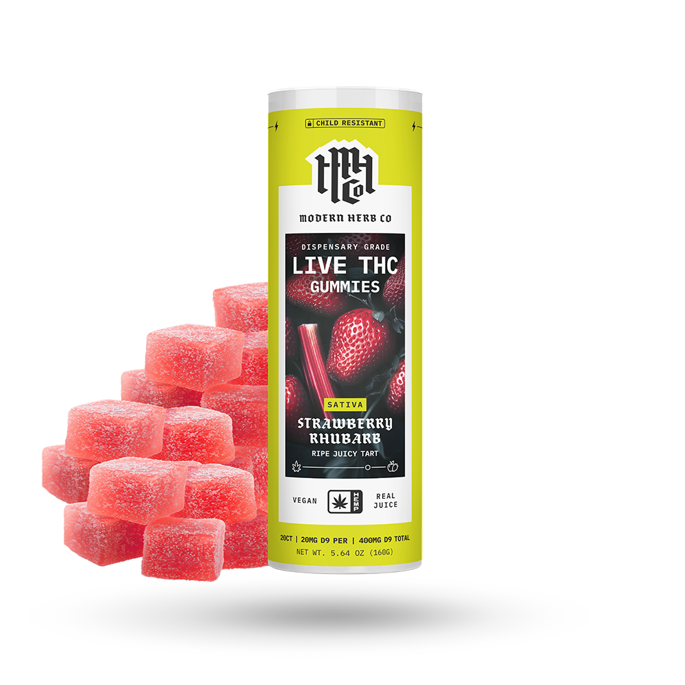 Live Resin D9 THC Gummies: Strawberry Rhubarb (Sativa) - 20ct