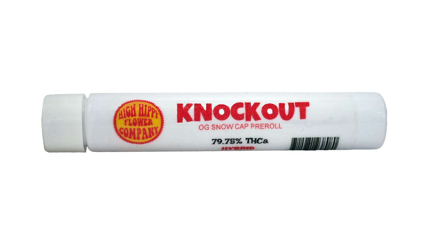 Knockout Infused Prerolls - 1.6g are filled with OG Snow Caps Hybrid Strain - 79.75% from Stewart Hemp come shipped in durable plastic tubes (front)