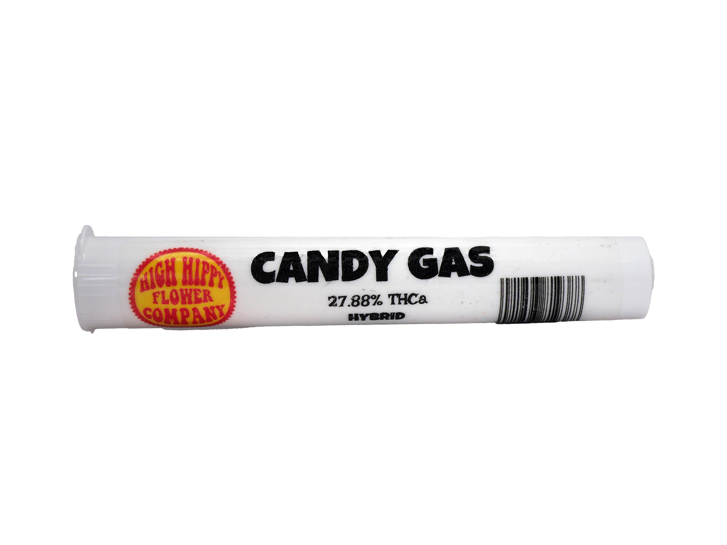 Cheap THCa Prerolls - Candy Gas - Hybrid - 27.88% -1 Preroll @ Stewart Hemp comes in a strong plastic tube (front)
