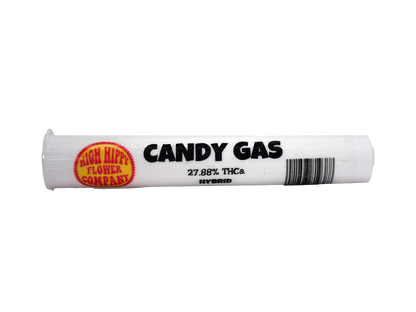 Cheap THCa Prerolls - Candy Gas - Hybrid - 27.88% -1 Preroll @ Stewart Hemp comes in a strong plastic tube (front)