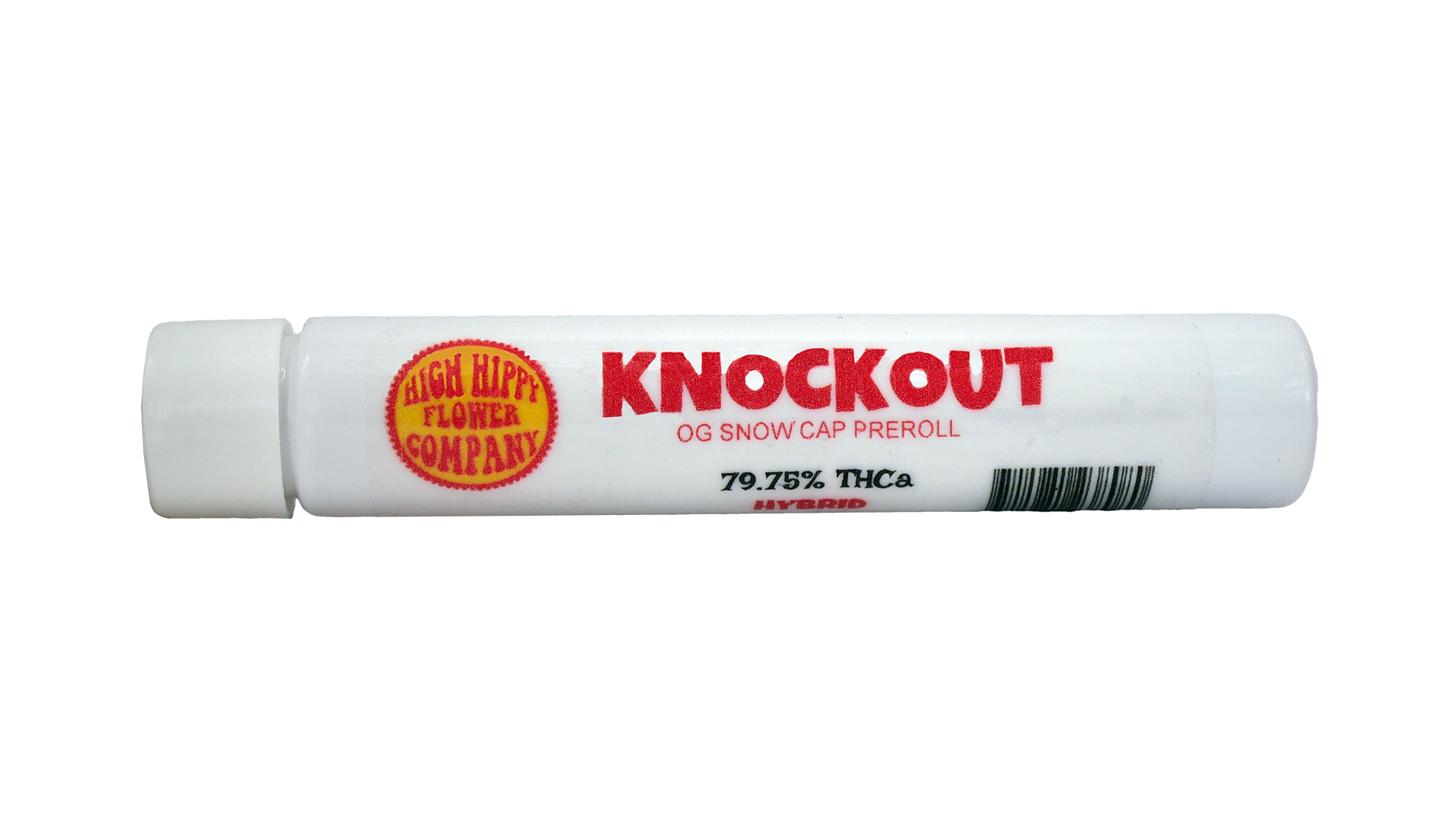Knockout Infused Prerolls - 1.6g are filled with OG Snow Caps Hybrid Strain - 79.75% from Stewart Hemp come shipped in durable plastic tubes (front)