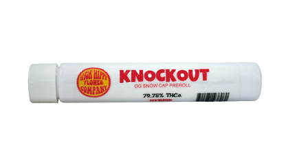 Knockout Infused Prerolls - 1.6g are filled with OG Snow Caps Hybrid Strain - 79.75% from Stewart Hemp come shipped in durable plastic tubes (front)