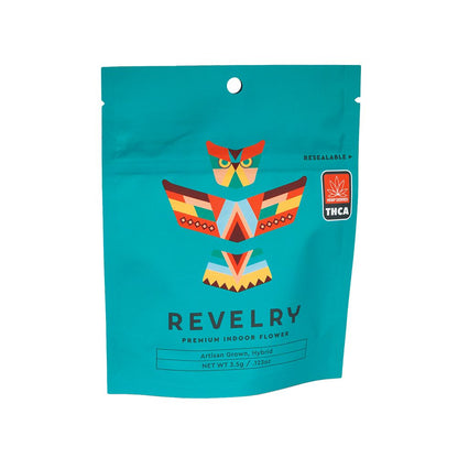 THCa Flower - Hybrid - 3.5g - Revelry branded packaging with owl totem design on a white background, as seen on StewartHemp.com