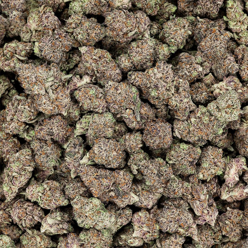 Close-up of a pile of cannabis buds with green and brown colors, THCa Flower - Indica - 3.5g - Revelry branded packaging with owl totem design on a white background, as seen on StewartHemp.com