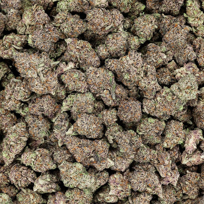 Close-up of a pile of cannabis buds with green and brown colors, THCa Flower - Indica - 3.5g - Revelry branded packaging with owl totem design on a white background, as seen on StewartHemp.com