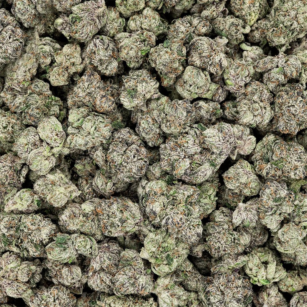 Close-up of a pile of green cannabis buds THCa Flower - Indica - 3.5g - Revelry branded packaging with owl totem design on a white background, as seen on StewartHemp.com