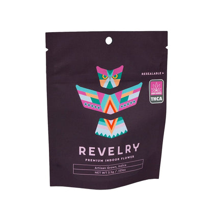 THCa Flower - Indica - 3.5g - Revelry branded packaging with owl totem design on a white background, as seen on StewartHemp.com