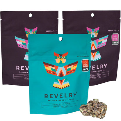 Revelry Premium Indoor Cannabis THCa Flower - 3.5g - with colorful owl totem design on a white background, as seen o0n StewartHemp.com