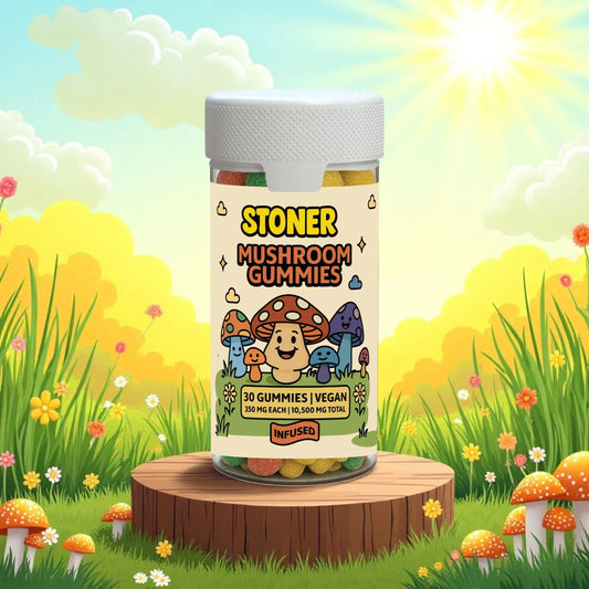 30pc Jar of 'Stoner Mushroom Gummies' (30 gummies, 350mg ea | 10500 mg Total) 
with a cartoon mushroom character on a colorful, cartoon-style background, as seen at StewartHemp.com